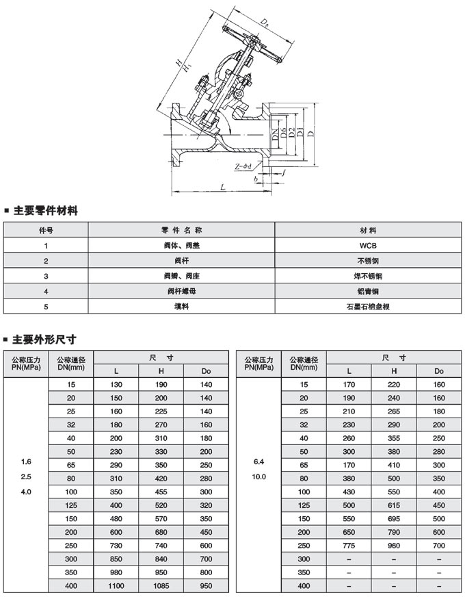 Y型截止閥參數尺寸結構圖 Y型截止閥參數尺寸結構圖