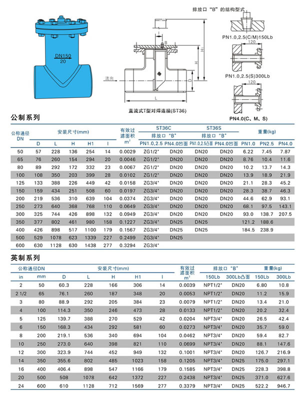 直流式T型過濾器結構外形尺寸圖 直流式T型過濾器結構外形尺寸圖